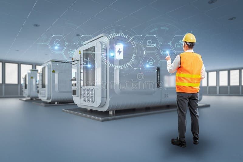 Engineer control energy storage system or battery container unit royalty free stock photo