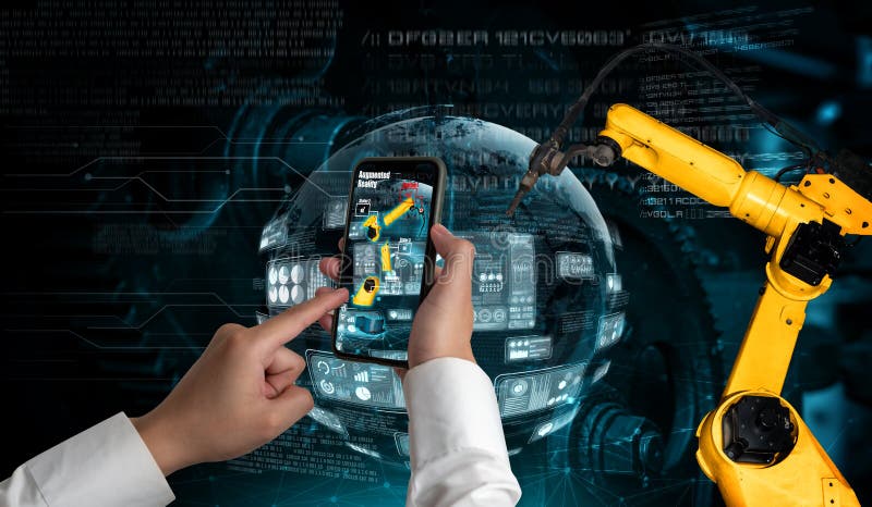 Engineer controls robotic arms by augmented reality industry technology stock photography