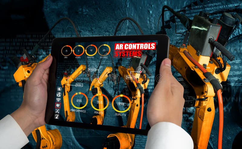 Engineer controls robotic arms by augmented reality industry technology stock image