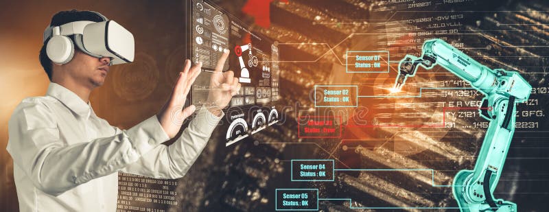 Engineer controls robotic arms by augmented reality industry technology stock image