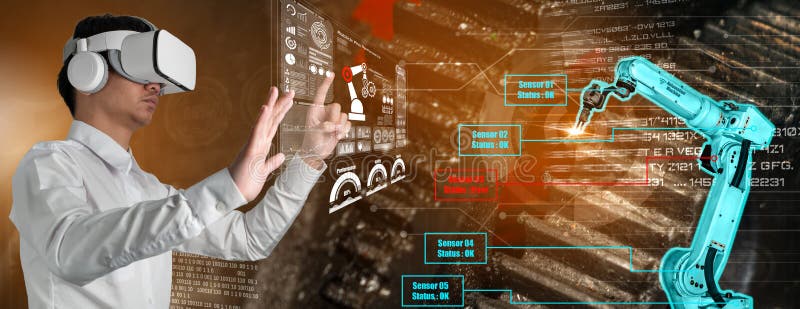 Engineer controls robotic arms by augmented reality industry technology royalty free stock photography