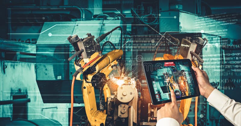 Engineer controls robotic arms by augmented reality industry technology stock image