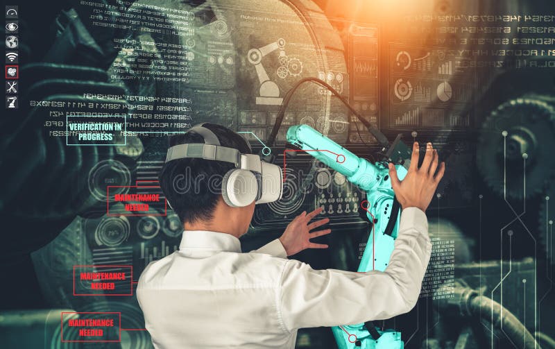 Engineer controls robotic arms by augmented reality industry technology stock image