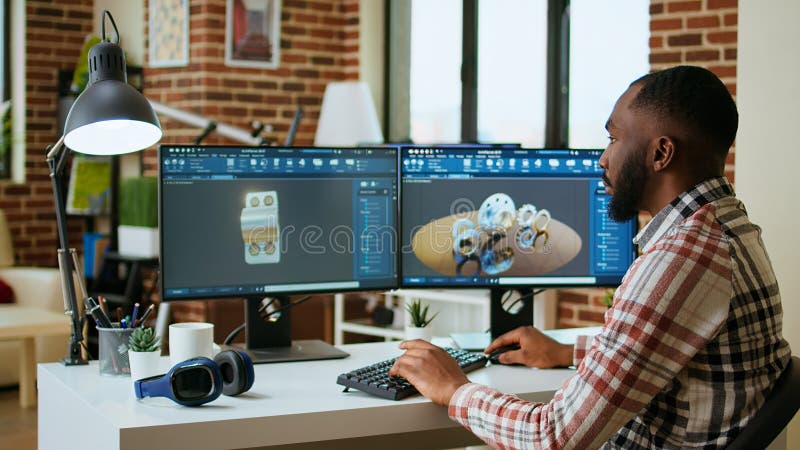 Engineer designs a turbine in an industrial office using CAD software vector illustration