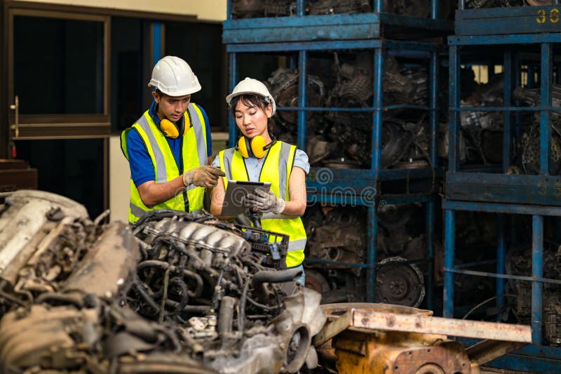 Engineer employee team women worker working together with man work in dirty junkyard old used auto car part warehouse for recycle royalty free stock photo