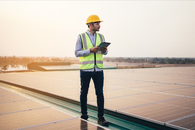 Engineer Foreman Using Tablet Checking at Industrial Solar Power Plant