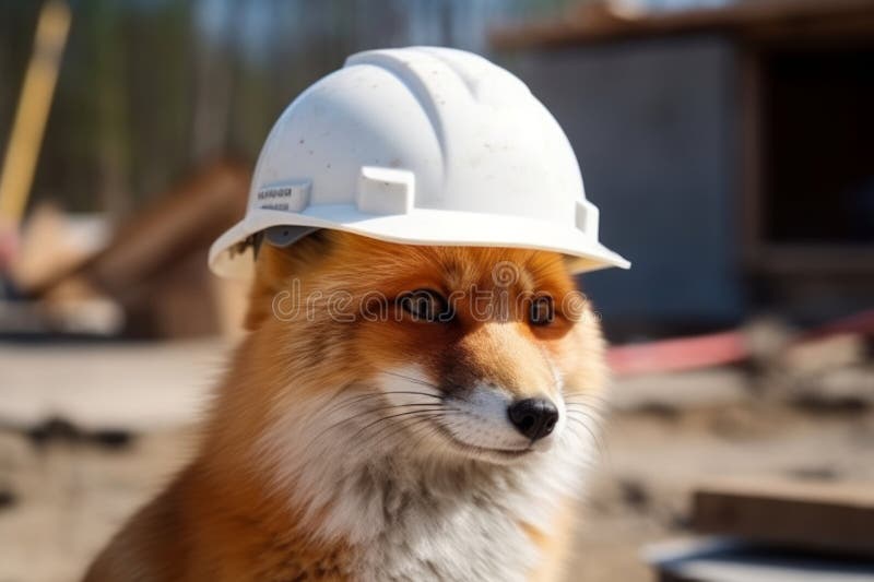 Engineer Fox in a Work Helmet on a Construction Site. Construction of a