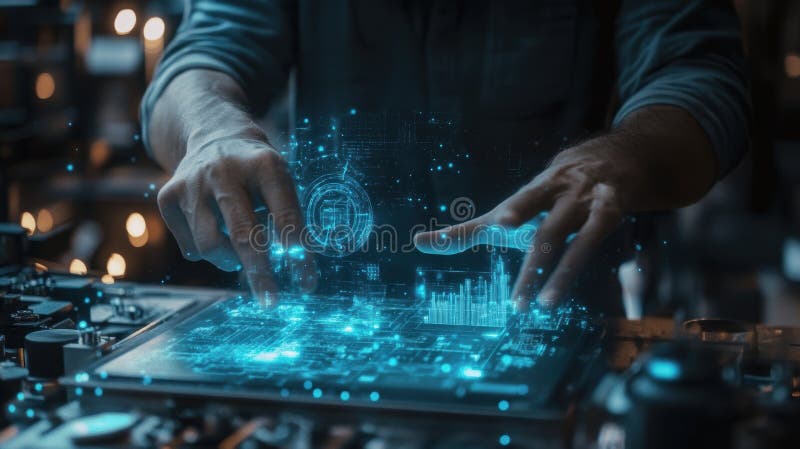 Engineer interacting with holographic augmented reality interface analyzing data royalty free stock images
