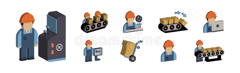 Engineer and Machine Operator Managing and Manufacturing Icons Isometric Vector Set royalty free illustration