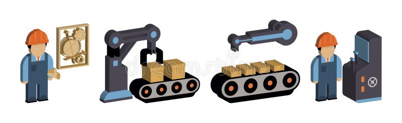 Engineer and Machine Operator Managing and Manufacturing Icons Isometric Vector Set vector illustration
