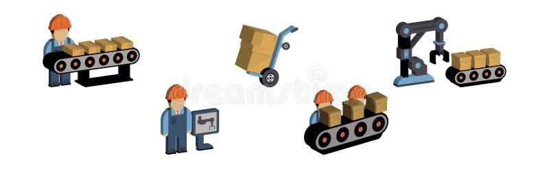 Engineer and Machine Operator Managing and Manufacturing Icons Isometric Vector Set vector illustration