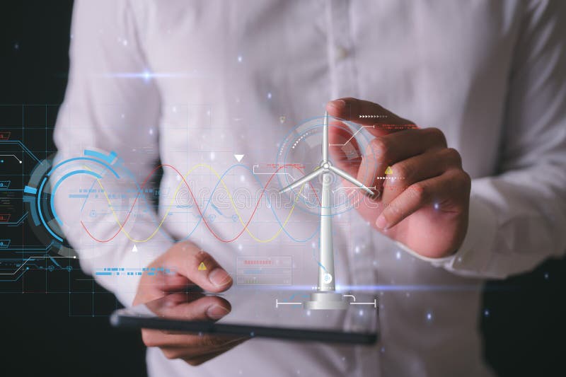 Engineer or male technician working with data chart wind turbines. Innovation engineer men use digital tablet work to develop environmental renewable clean energy outdoors at windmill power farm. Chart clean energy stock images, royalty-free photos and pictures