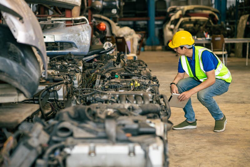 Engineer male worker check inventory store old used auto spare part engine gear part list for sale recycle in repair car garage market indsutry people picture image for download.