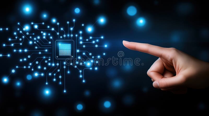 Engineer pointing at futuristic microchip and circuitry stock photography
