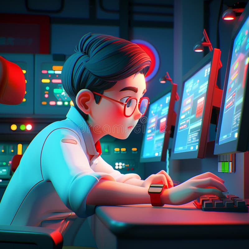 Engineer programming decentralized quantum server, dark room, screen glow, close-up shot, cinematic noir stock illustration