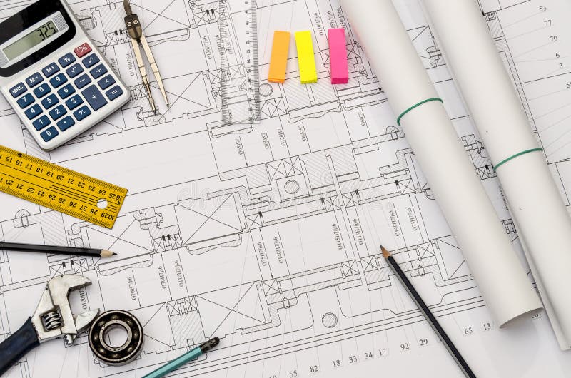 Engineer s Drawing With Different Tools Stock Photo - Image of chart 