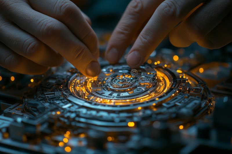 Engineer skillfully assembling intricate components with precision and focus. Hands deftly manipulate delicate parts of a complex assembly, showcasing engineering expertise. Warm light highlights the intricate design, creating an atmosphere of innovation and craftsmanship. AI generated