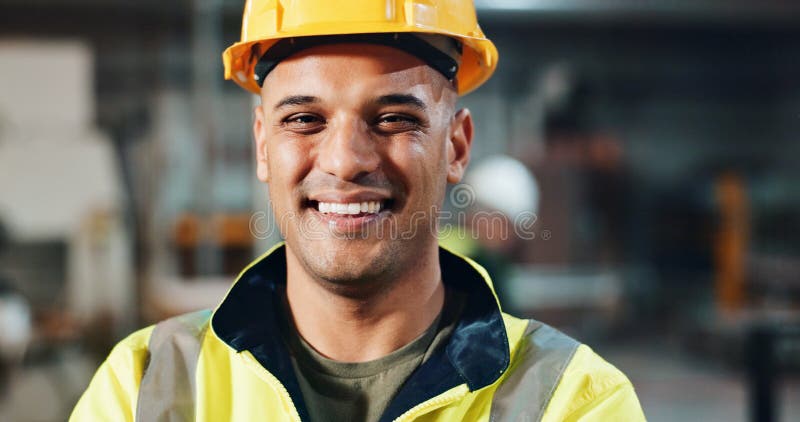 Engineer, smile and portrait with helmet at factory for manufacturing, industry and pride for career at workshop. Person stock photos