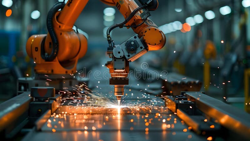 Engineer supervises welding robotics in smart factory for quality control. Concept Manufacturing royalty free illustration