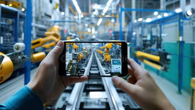 Engineer taking photo of robots working in factory vector illustration