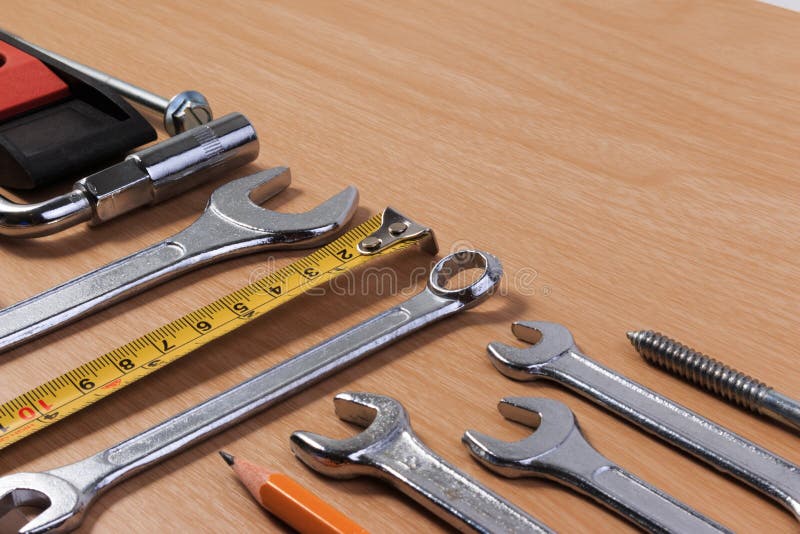 Engineer Tools, Wrench Tools on Wood Table. Stock Image Image of