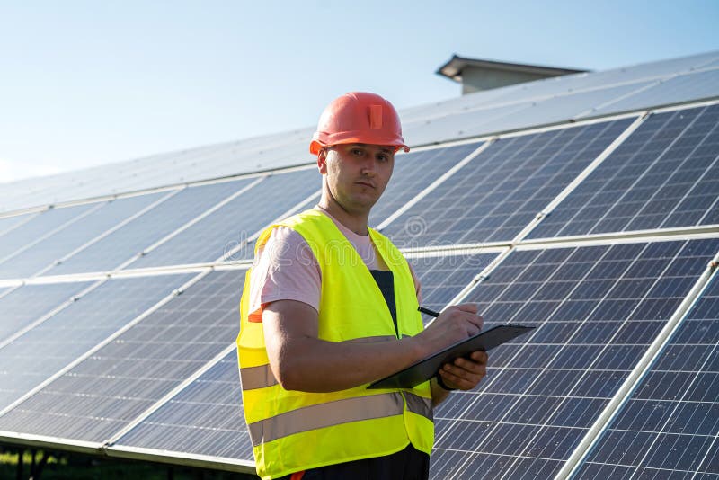 Engineer in Uniform Working of Solar Power Plant Stock Image Image of