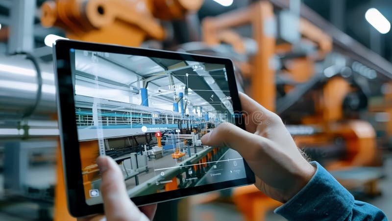 Engineer using a digital tablet computer to control innovative robots in a modern factory royalty free illustration