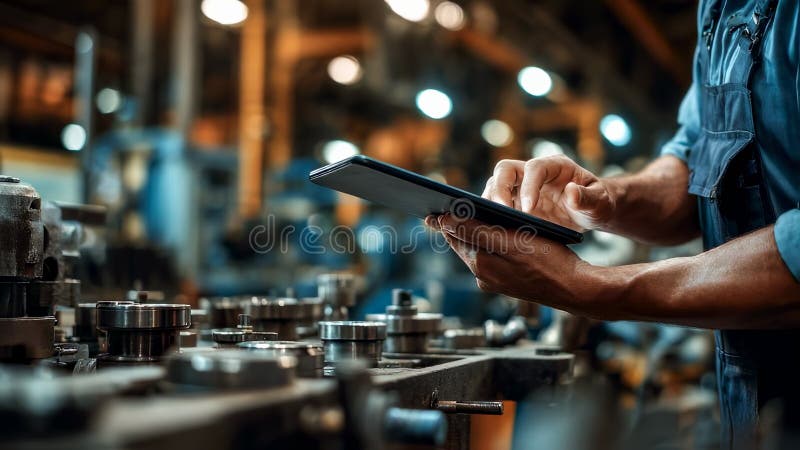 Engineer using digital tablet in factory vector illustration