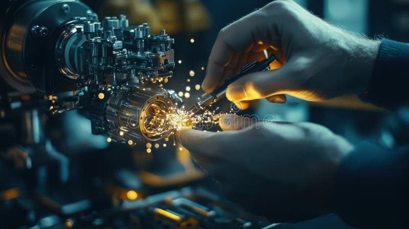 Engineer working on innovative robotic arm production line stock photo