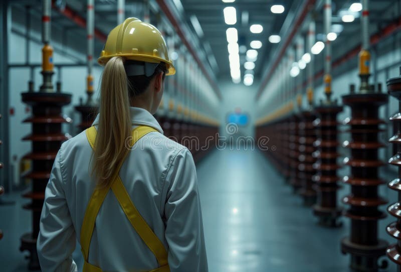 Engineer Walking Through Power Facility Hall, generative ai royalty free illustration