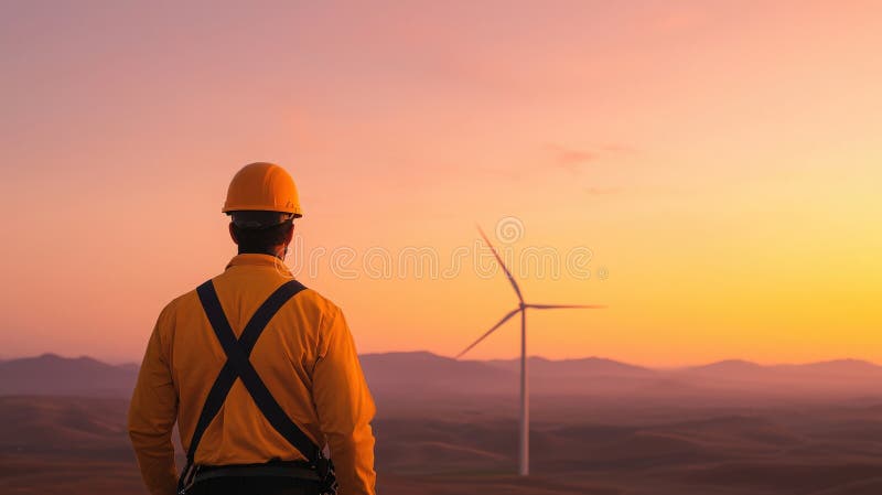 A Engineer at Wind Farm Sunset stock illustration