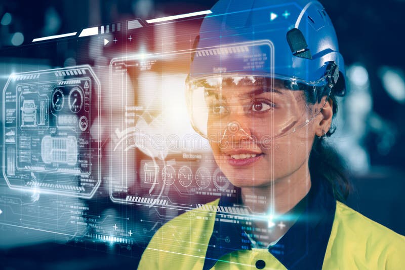 Engineer Women Industrial Factory Chief Wearing AR Headset Designs Prototype Electric EV Car on Holographic Device. Futuristic Virtual Design Technology Application picture image for download. Development ev stock images, royalty-free photos and pictures