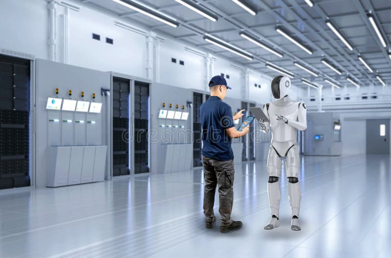 Engineer work together with assistant robot in server room stock images