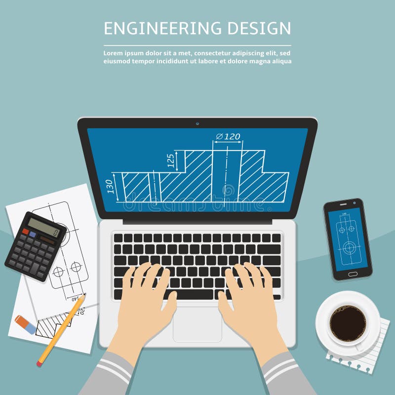Engineer working on laptop computer with blueprint on screen vector illustration