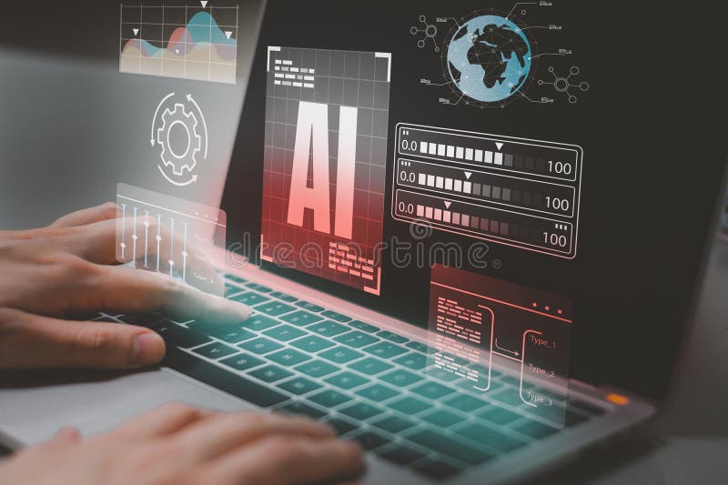 Engineer working on laptop, deep analysis, and program development, using Python code for deep learning and real-time data vector illustration