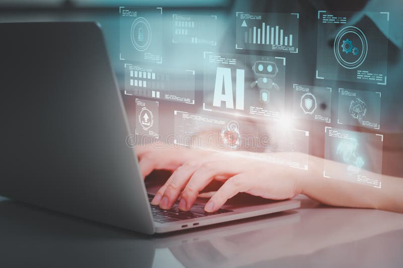 Engineer working on laptop, deep analysis, and program development, using Python code for deep learning and real-time data royalty free illustration