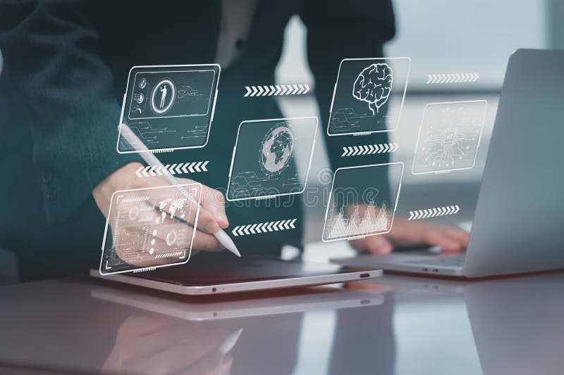 Engineer working on laptop, deep analysis, and program development, using Python code for deep learning and real-time data stock illustration