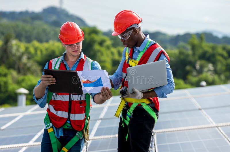 Engineer Working Setup Solar Panel at the Roof Top. Engineer or Worker