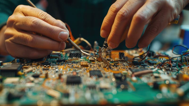 An engineer works on a motherboard in an urban workshop. AIG41 stock photos
