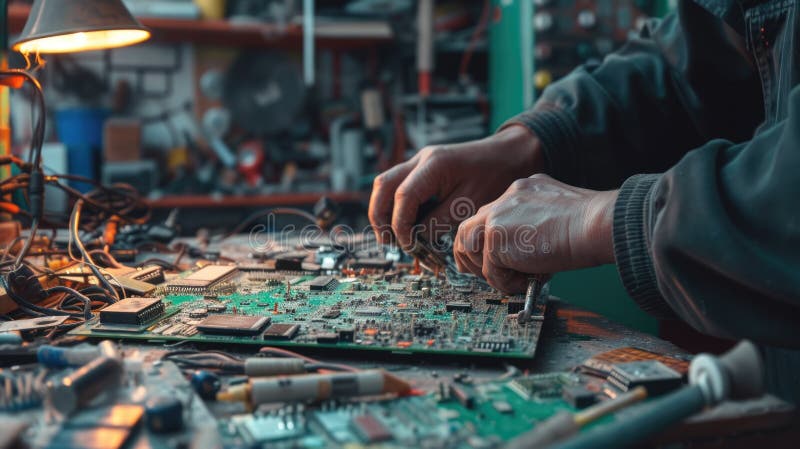 An engineer works on a motherboard in an urban workshop. AIG41 royalty free stock photography