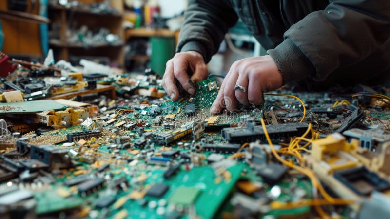An engineer works on a motherboard in an urban workshop. AIG41 stock photos