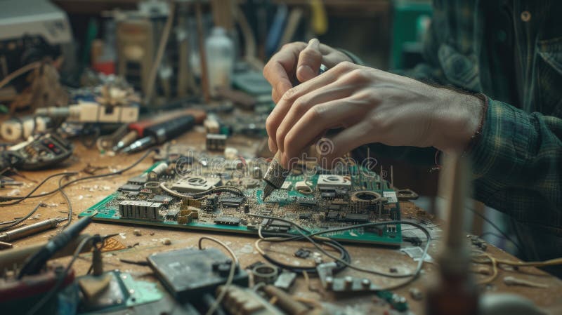 An engineer works on a motherboard in an urban workshop. AIG41 royalty free stock photography