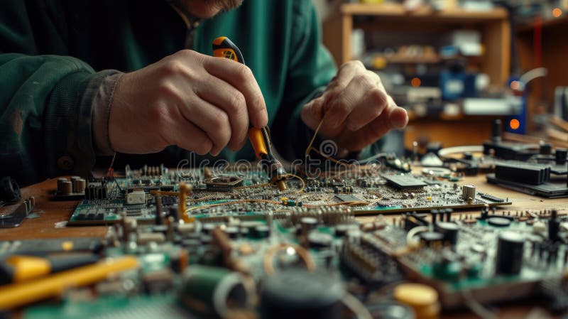 An engineer works on a motherboard in an urban workshop. AIG41 stock photography