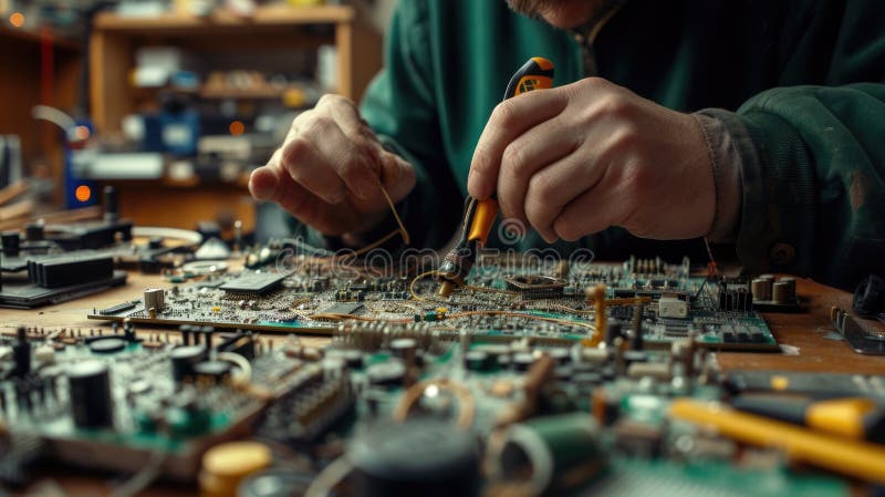 An engineer works on a motherboard in an urban workshop. AIG41 stock photo