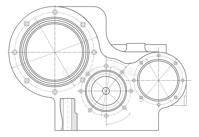 Engineering blueprint. Machinery technology draft projection drawing stock illustration