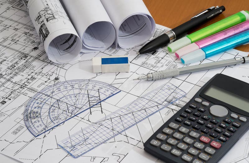 Engineering Drawings With Drafting Pencil, Highlighters ... Engineering Drawings With Drafting Pencil, Highlighters ...