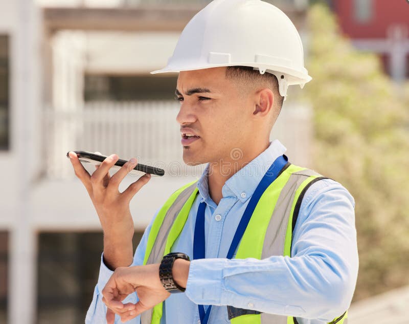 Engineering, man and phone call for project management, outdoor architecture and thinking of schedule or time stock photography
