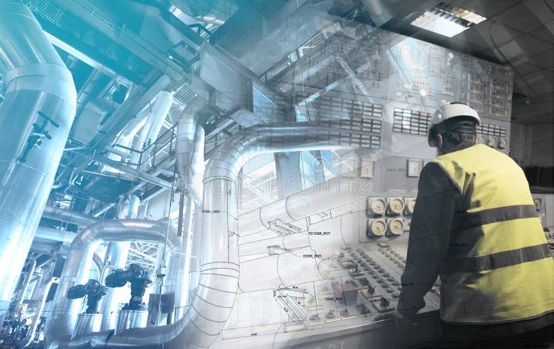 Engineering Man Working on Power Plant As Operator Against Drawings Stock Photo Image of