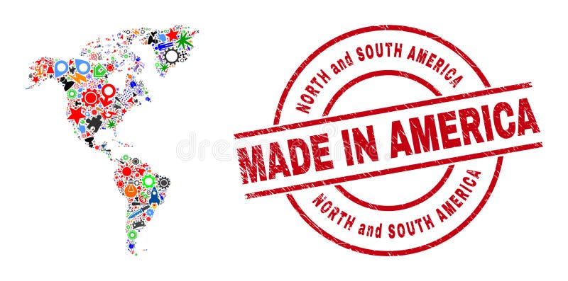 Development Collage South and North America Map and Made in Scratched Rubber Stamp