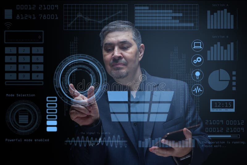 An engineer works with computer technology in a modern laboratory with a virtual interface stock photo An engineer works with computer technology in a modern laboratory with a virtual interface stock photo